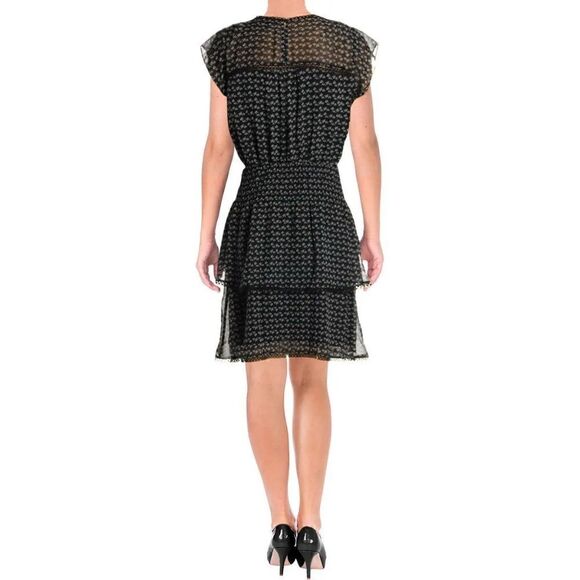 Aqua Flutter Sleeve Tiered Smocked Waist Black Floral Dress sz XS EUC - Picture 8 of 12